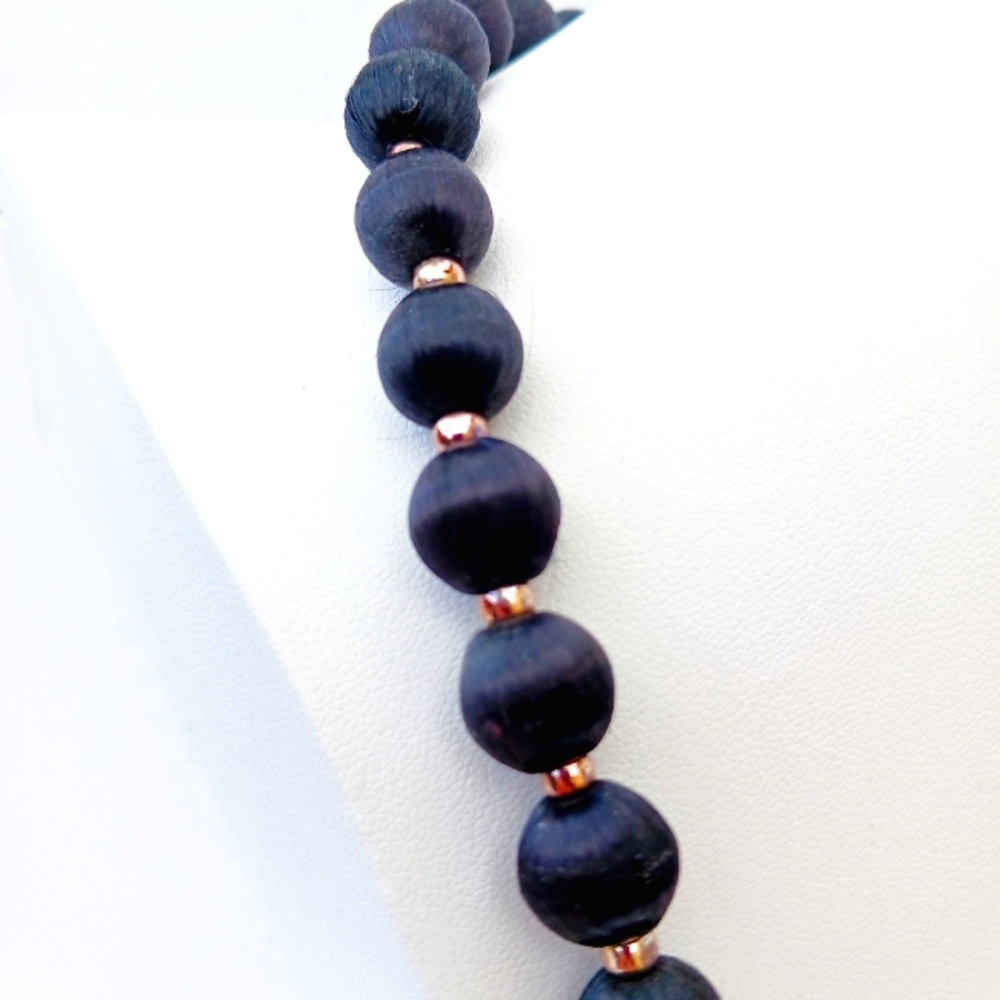 BLACK SILK BEAD NECKLACE rose-goldtone spacers 30" long